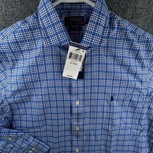NWT Polo Ralph Lauren EASY CARE Button Up Shirt BLUE WHITE Check 16 32/33 Men